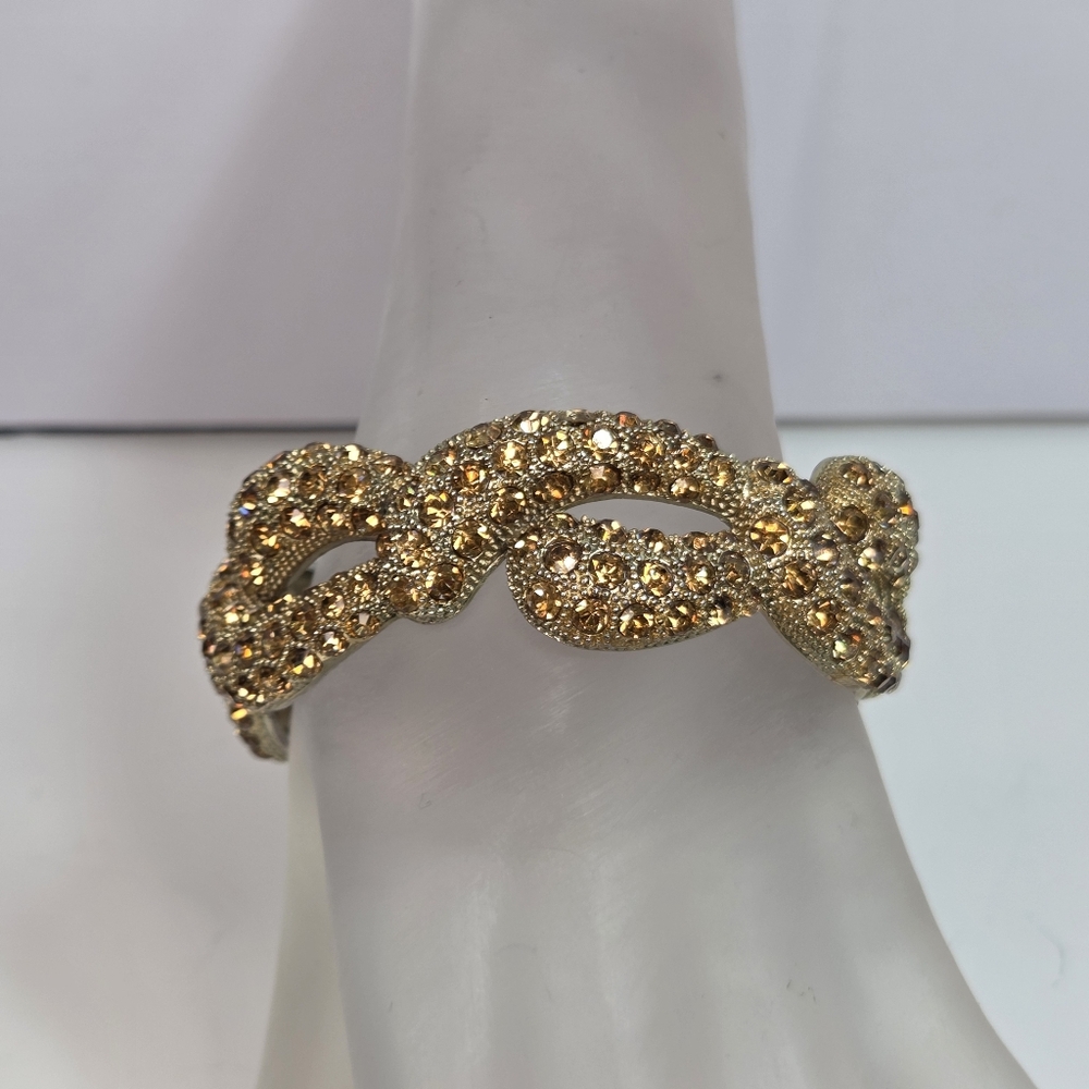 Pave Cluster Citrine Colored Rhinestone Twisted Bangle Clamp bracelet Gold Tone